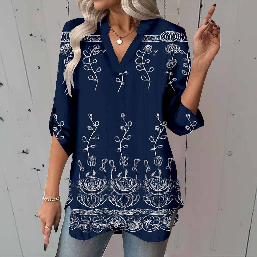 Women Floral,Blue DZGA0021 3/4 Sleeve V-neck Printed Graphic Button Tops