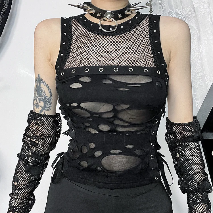 Gothic Sexy Girl Ripped See-through Sleeveless Top