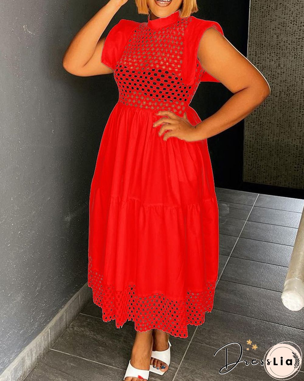 Plus Size Hollow Out Ruched Casual Maxi Dress