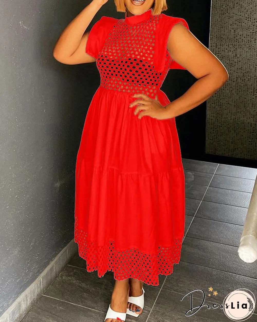 Plus Size Hollow Out Ruched Casual Maxi Dress