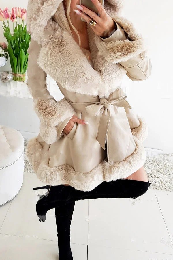 Fashion Plus Size Faux Fur Panel Faux Leather A-Line Lace-Up Hooded Coat