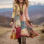 Women's Bohemian Floral Knitted Crew Neck Dress - Image 2