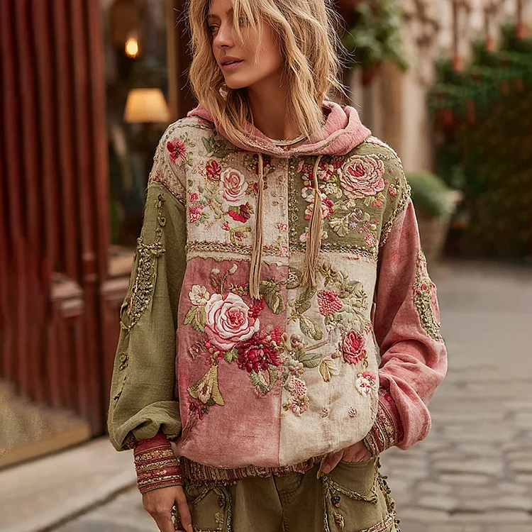 Women's Vintage Floral Embroidery Patchwork Art Casual Hoodie