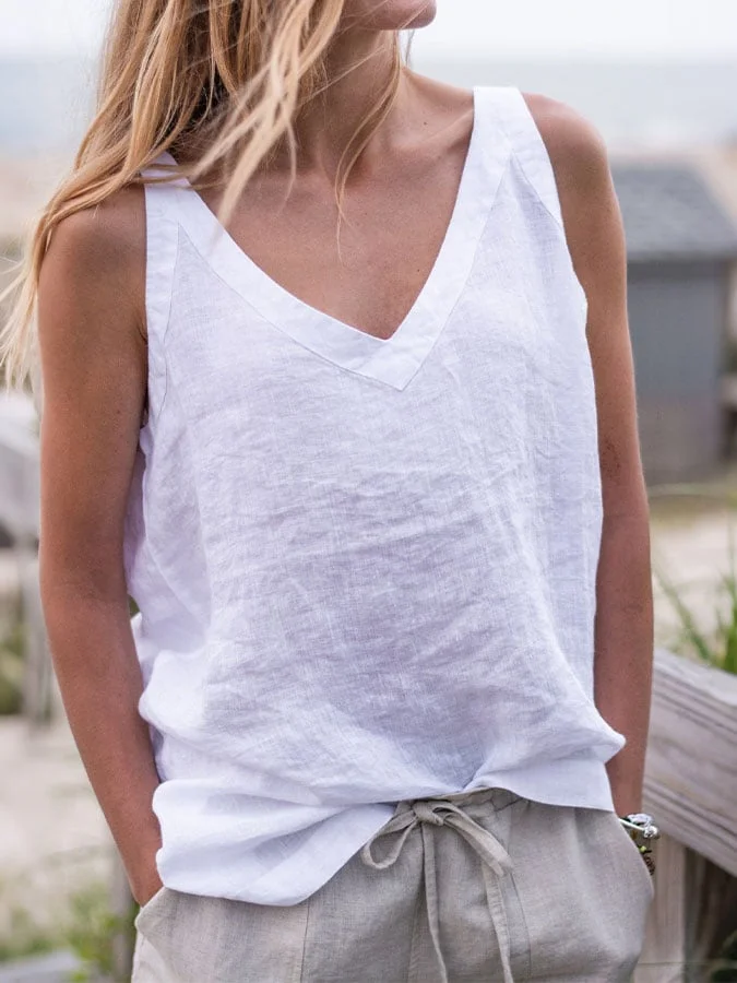 Women's solid color cotton and linen sleeveless top