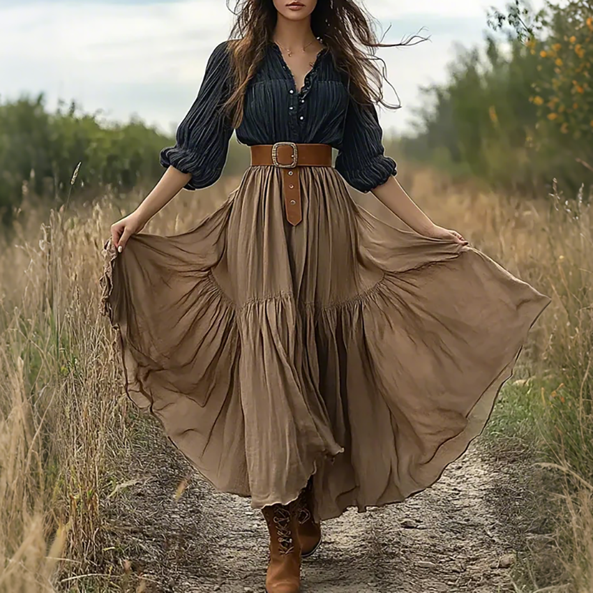 Women's Vintage Summer Western Style Contrast Maxi Dress