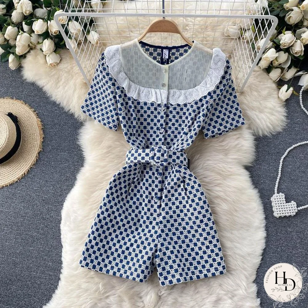 Short Sleeve Plaid Mini Rompers P14774