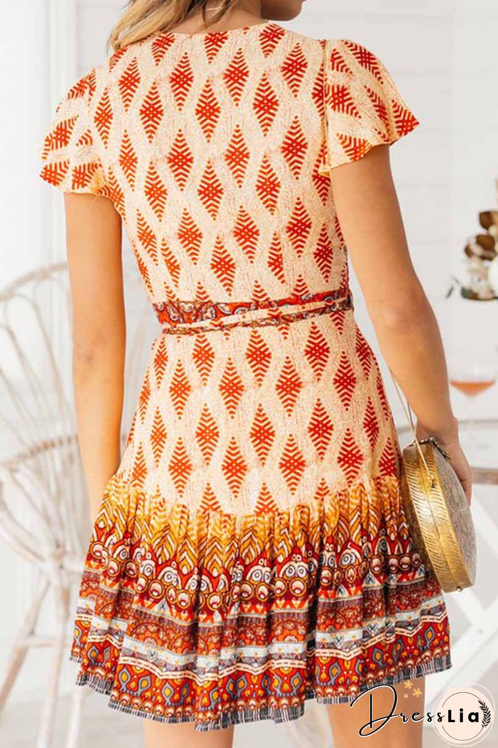 Spring And Summer Fashion Retro V-Neck Print Short Sleeves Mini Dress
