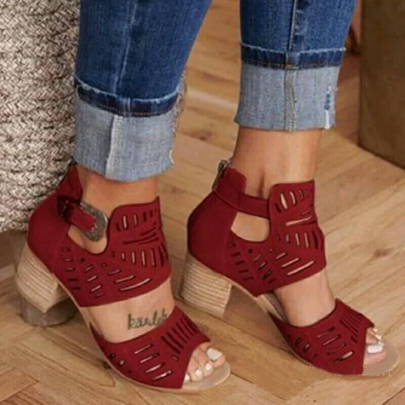 GOOSHOE Peep Toe Cutout Leather High Chunky Heel  Sandals
