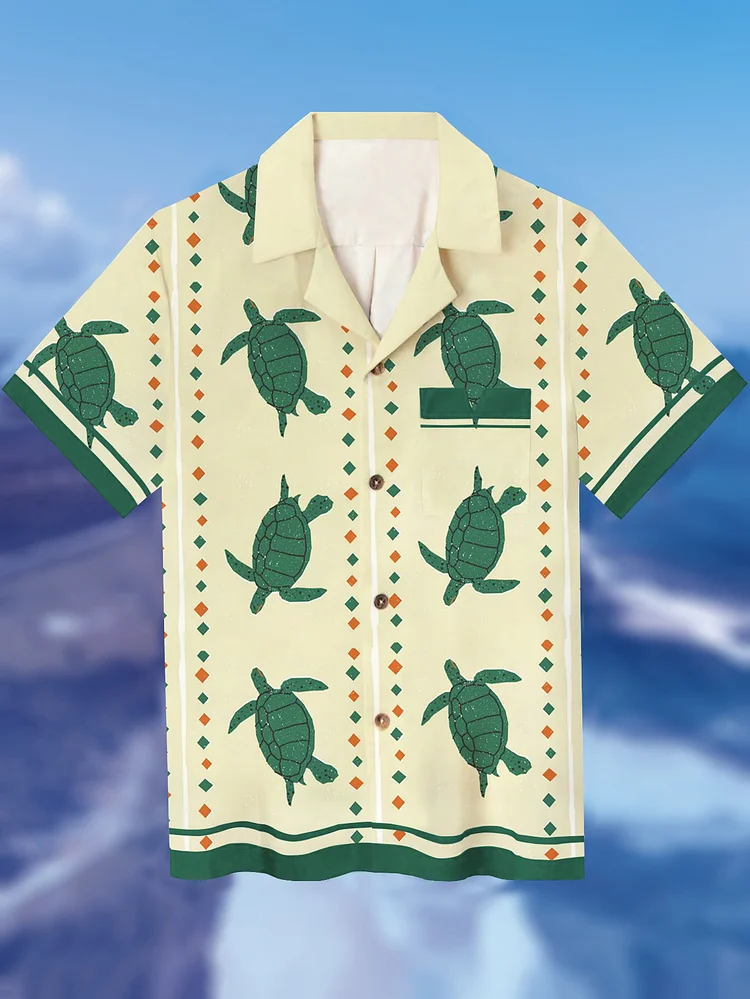 Men's Green Turtle Cartoon Graphic Print Short Sleeve Shirt
