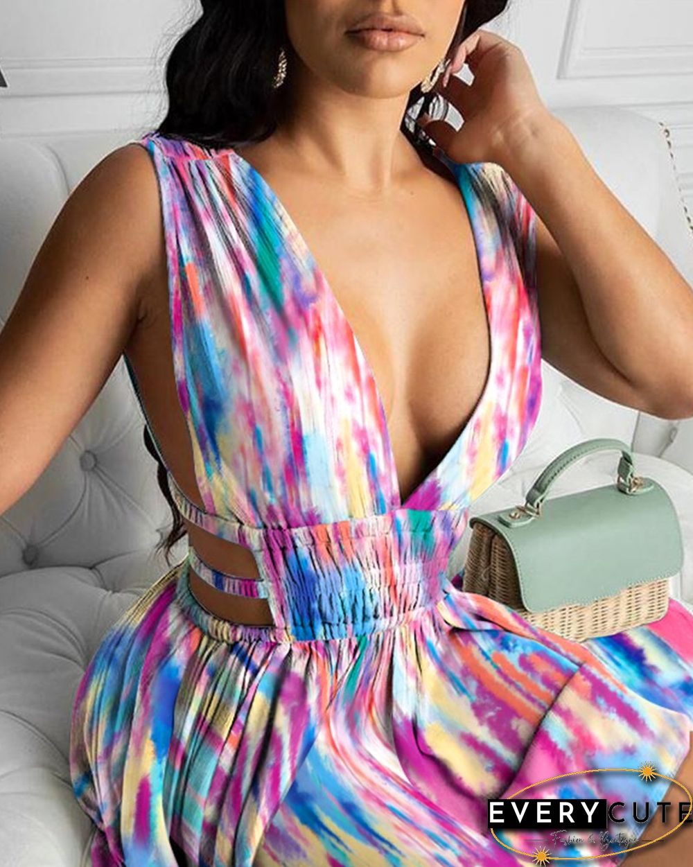 Tie Dyed Cutout Waist Plunge Dress