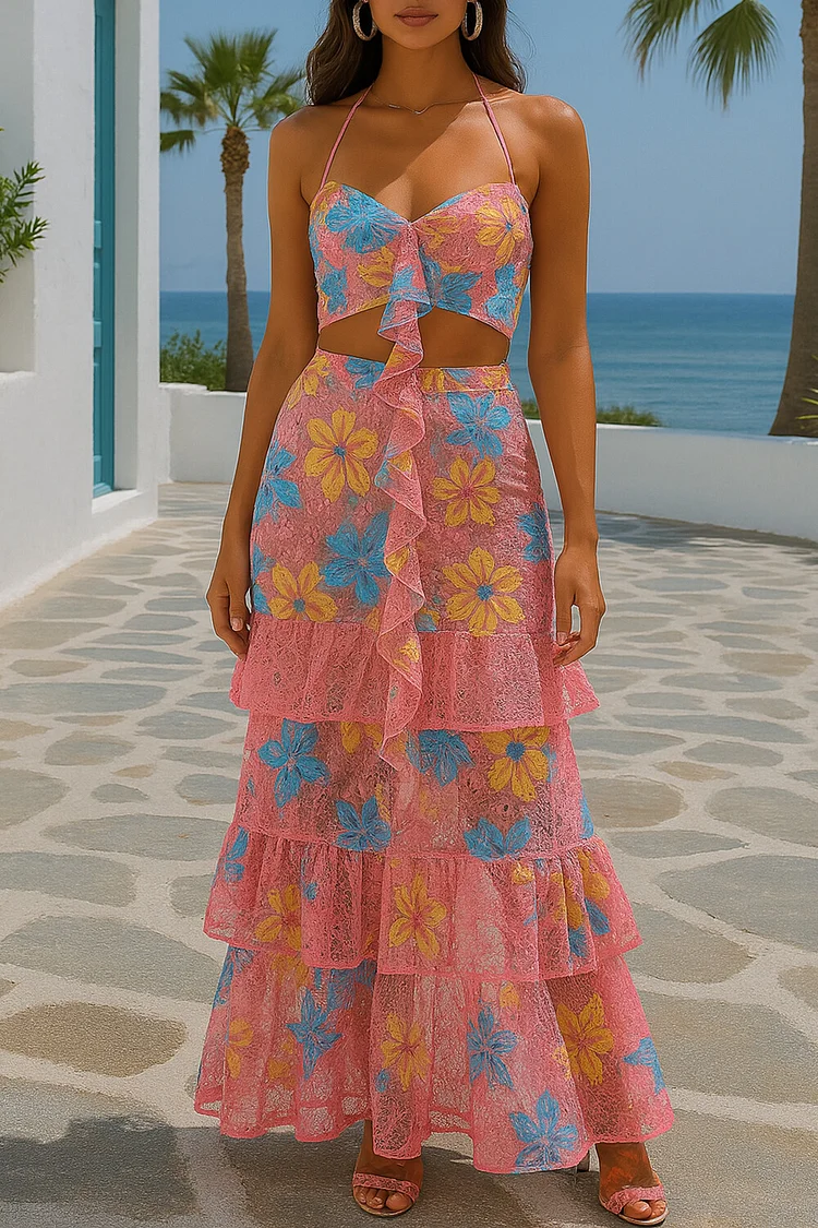 Floral Pattern Lace Halter Crop Top Ruffled Maxi Skirt Set-Pink [Pre Order]