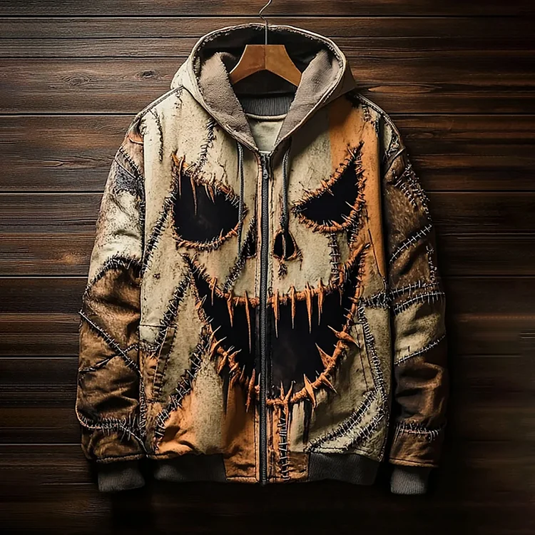Halloween Horror Scary Faces Stitching Patchwork Color Blocks Pattern Washed Men's Zip-up Hoodie