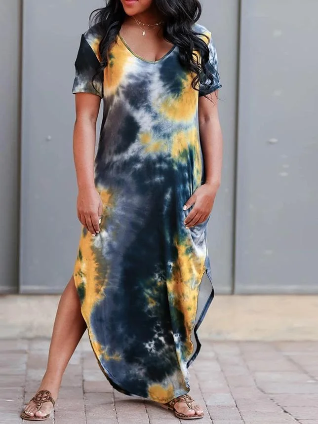 Women Half Sleeve V-neck Solid Color Dress