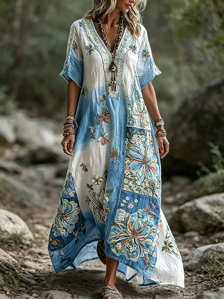 🌸 Women's Floral Embroidered Ombre Boho Maxi Dress