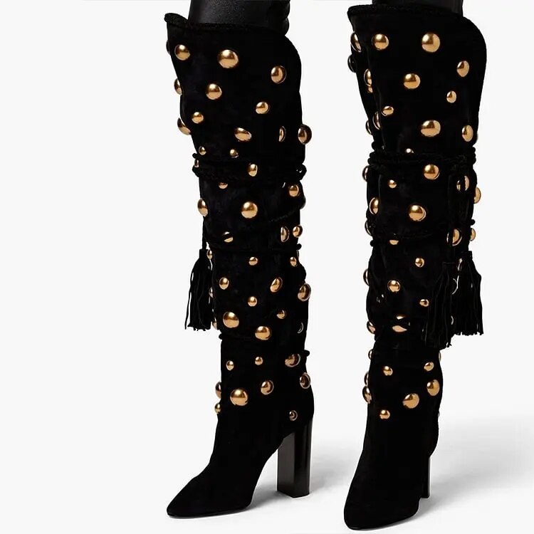 TAAFO Black Pointed Toe Velvet Shoes Women's Chunky Heel Studs Knee Boots Ladies Shoes