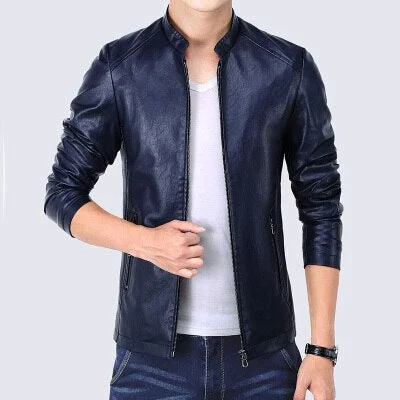 Faux Leather Black Jackets Coat Men Slim Fit Mens Windbreaker Jackets Zipper Pocket Stand Collar British Vintage Outerwear