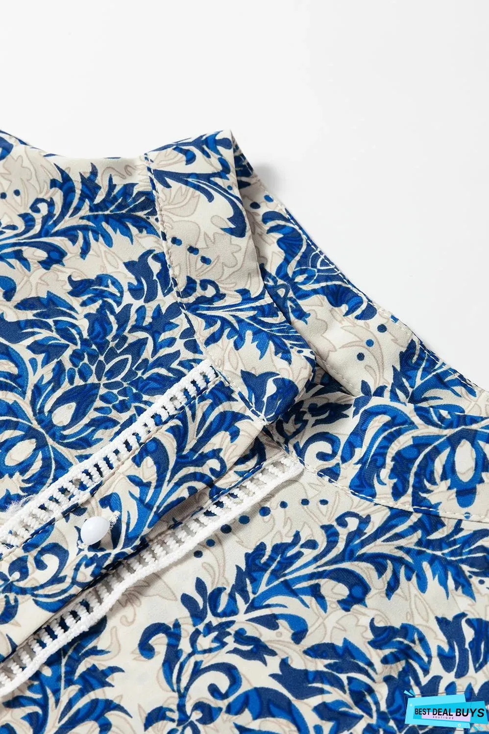 Sky Blue Bohemian Printed Bishop Sleeve Lace Shirt