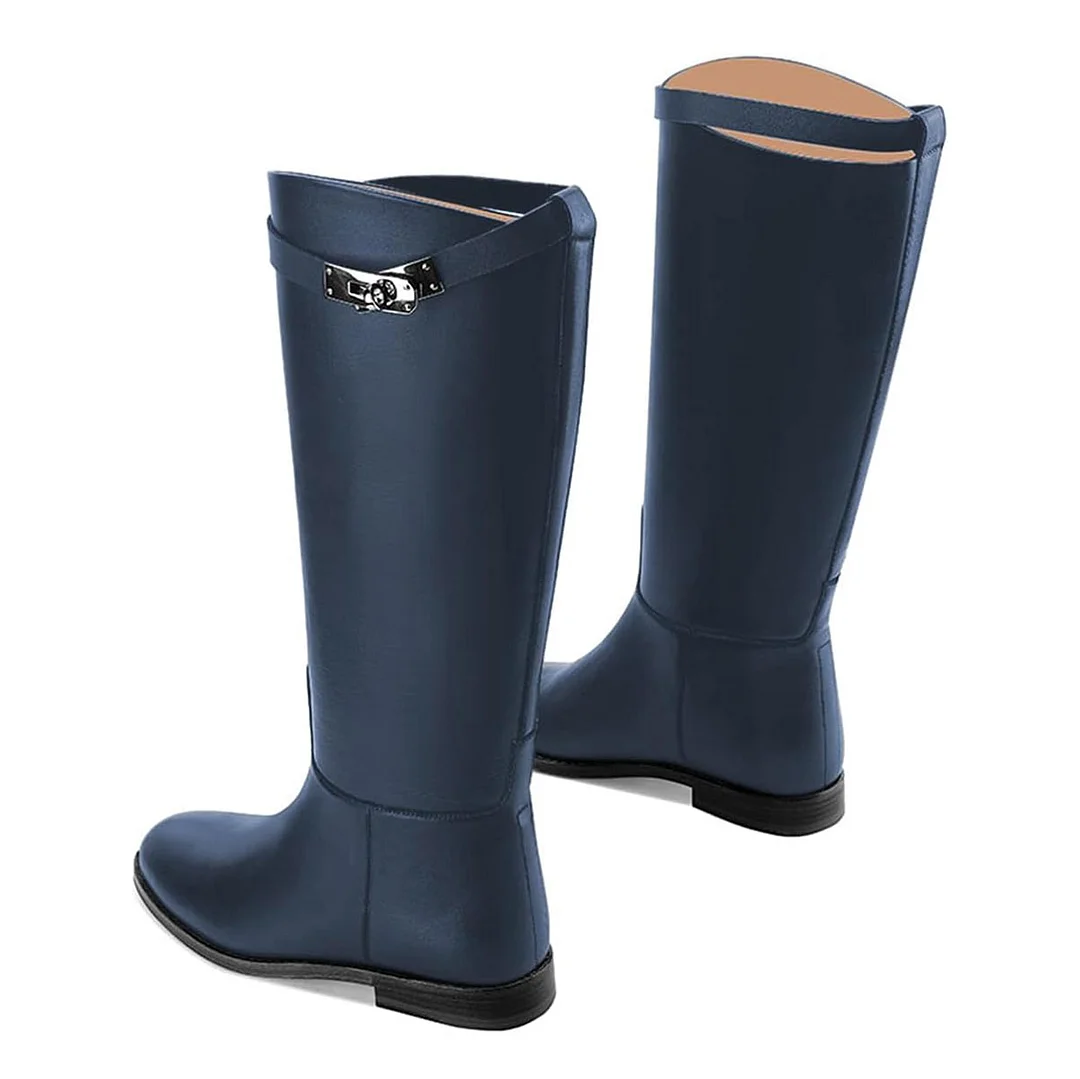 Navy Closed Toe Buckled Slip On Knee High Flat Boots for Women