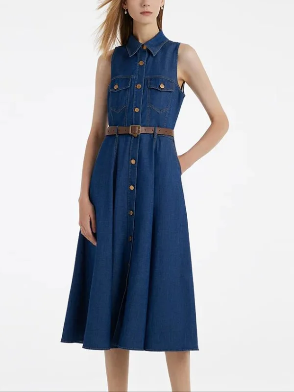 Denim Lapel Vest With Belt Midi Dress