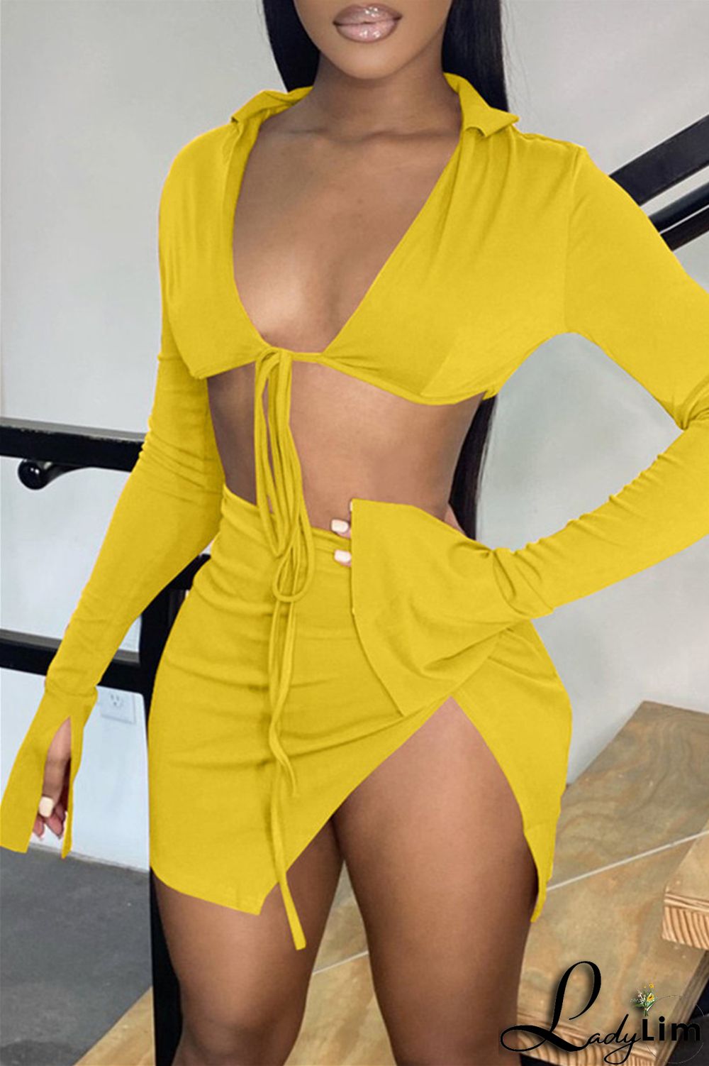 Yellow Fashion Sexy Solid Bandage Slit V Neck Long Sleeve Two Pieces