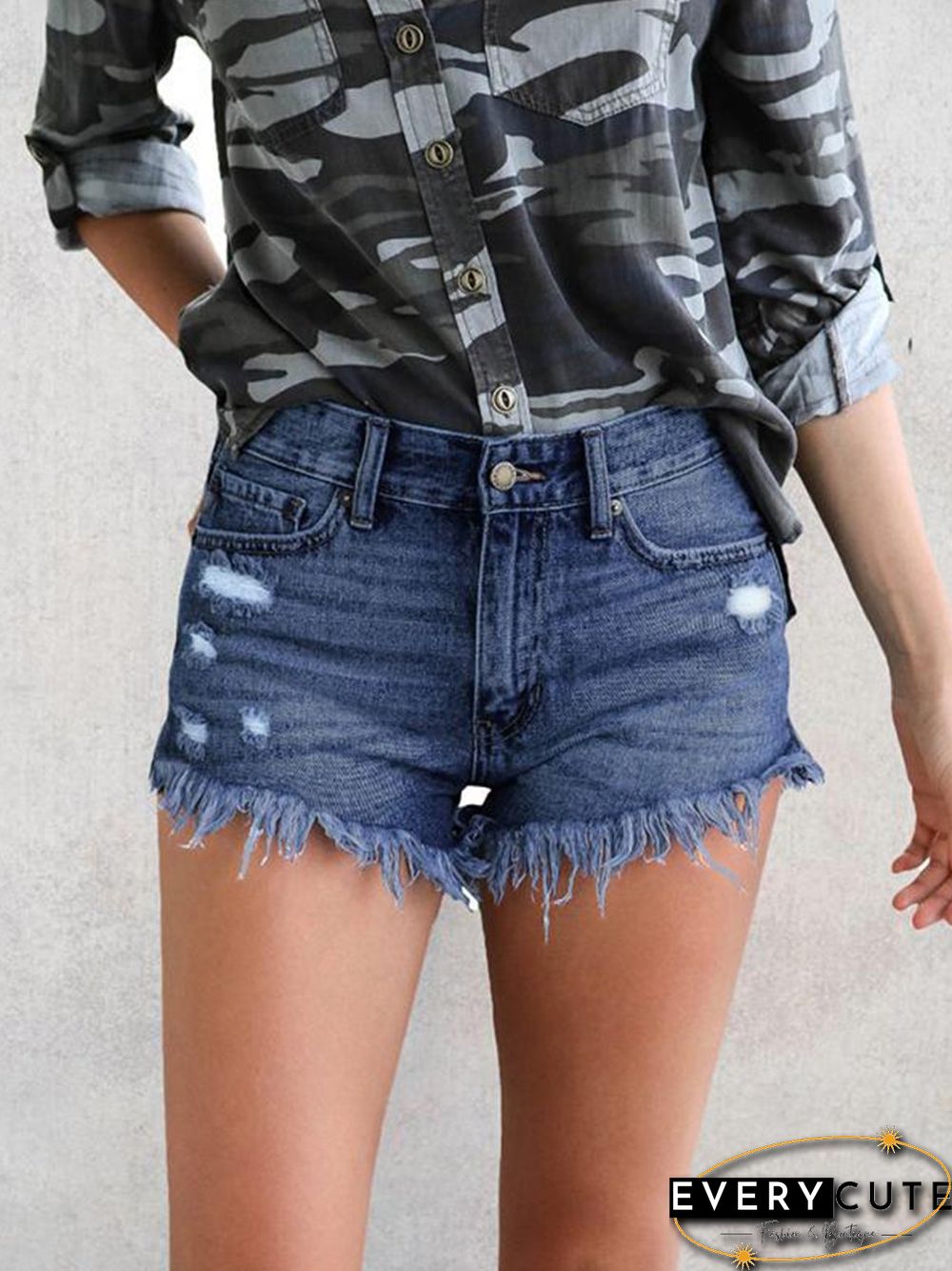 Ripped Fringed Stretch Denim Shorts P14394