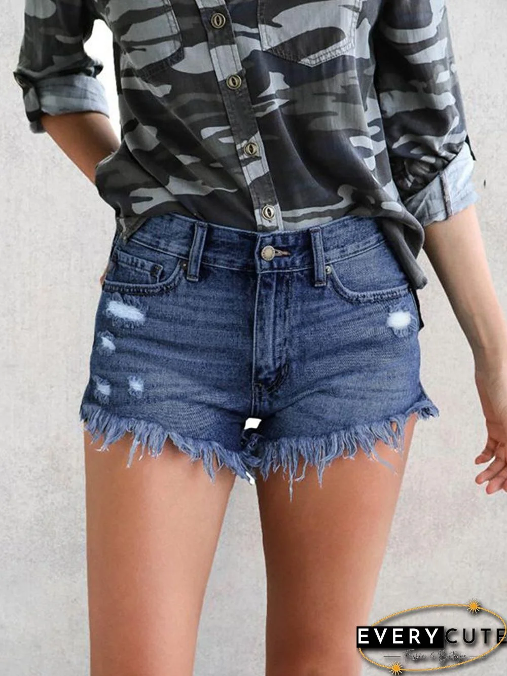 Ripped Fringed Stretch Denim Shorts P14394