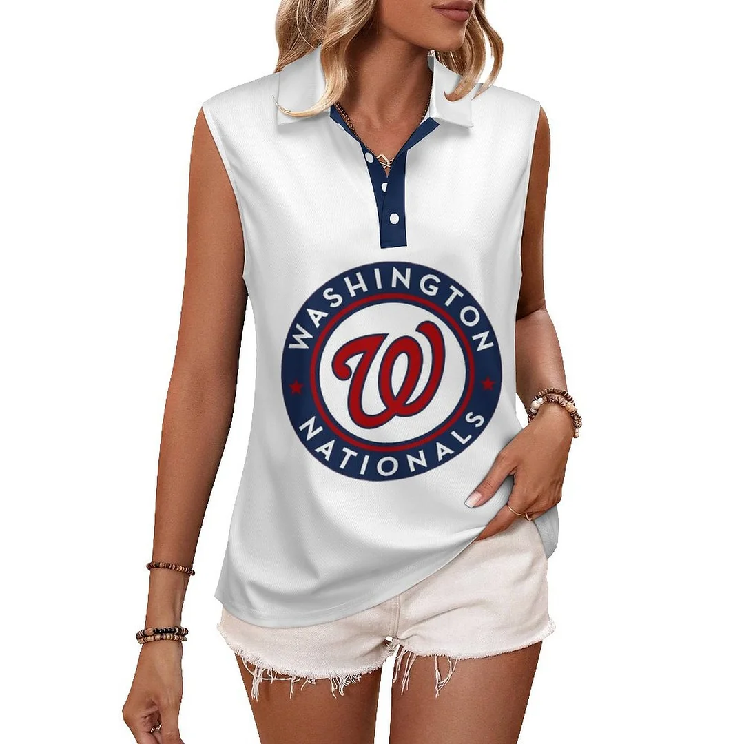 V-neck Sleeveless Casual POLO Shirt Tank Top for Women Printed with Pattern , Blue, Red