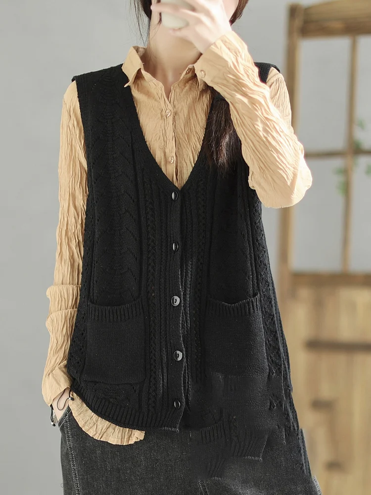 Casual Loose Sleeveless Buttoned Hollow Solid Color V-Neck Vest Outerwear