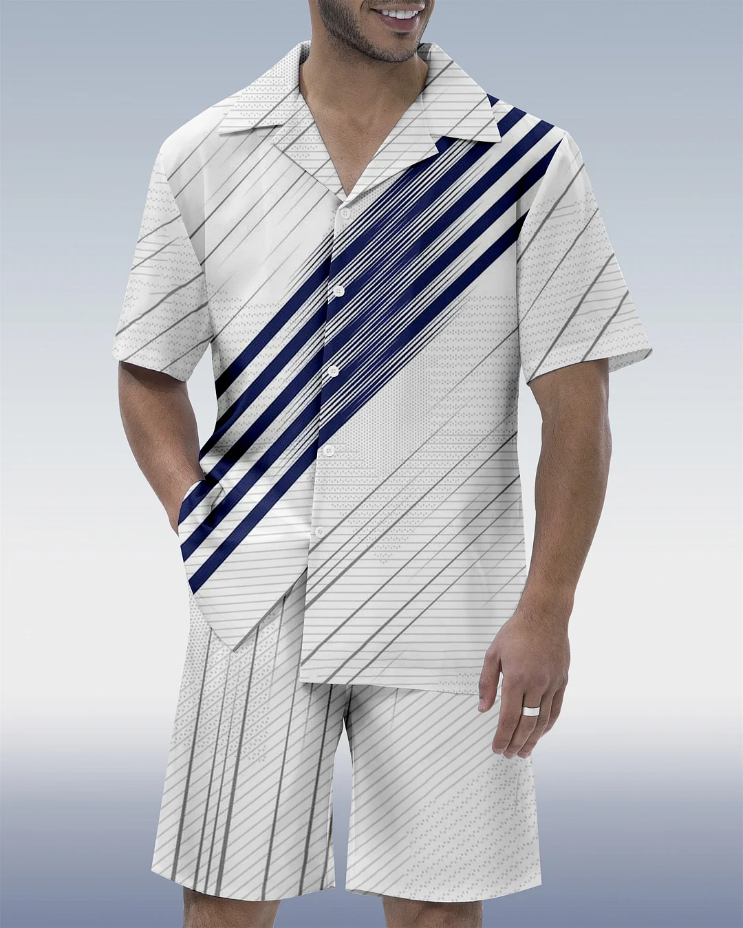 Men's Colorblock Geometric Hawaiian Cuban Collar Short Sleeve Shirt Set 02