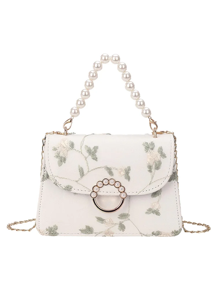 Fashion Women PU Flower Shoulder Bag Casual Pearl Chain Handbags (White)