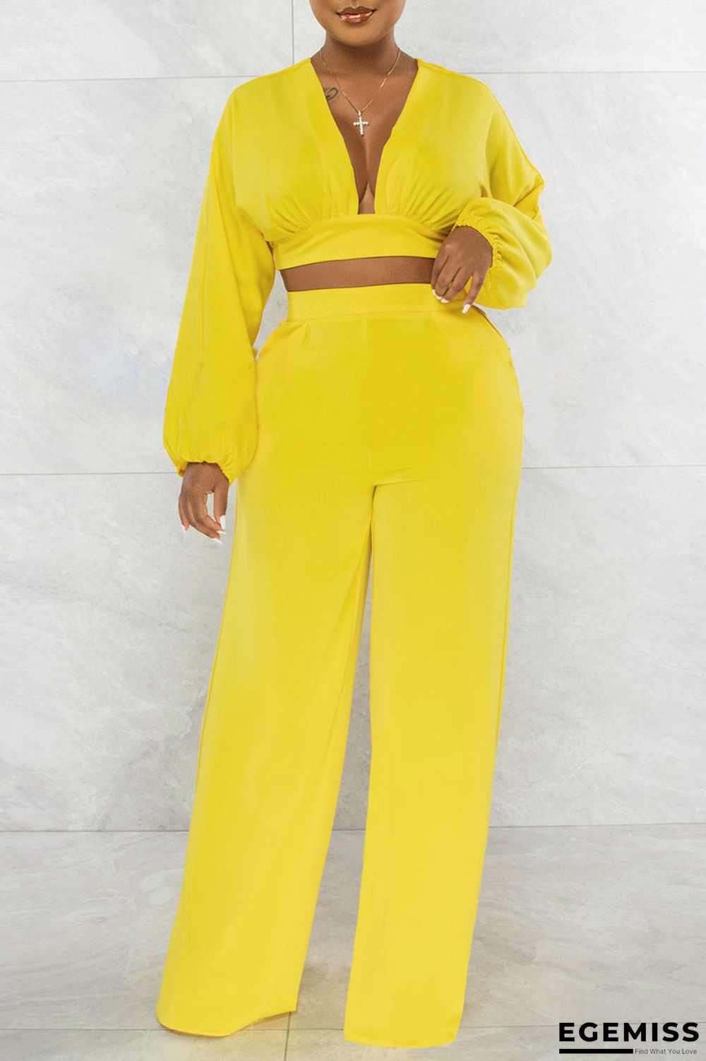 Yellow Sexy Solid Patchwork Backless V Neck Long Sleeve Two Pieces | EGEMISS