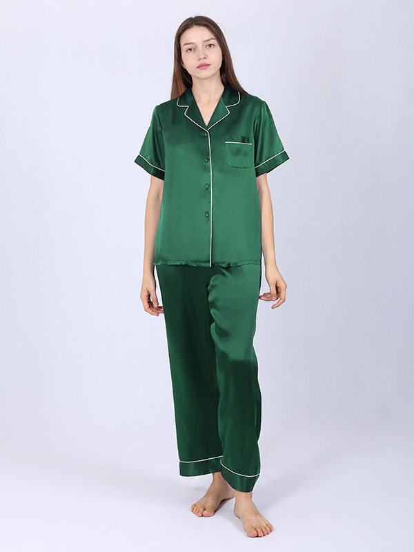19 Momme Short Sleeve Pure Silk Pajamas Green Silk Pajamas