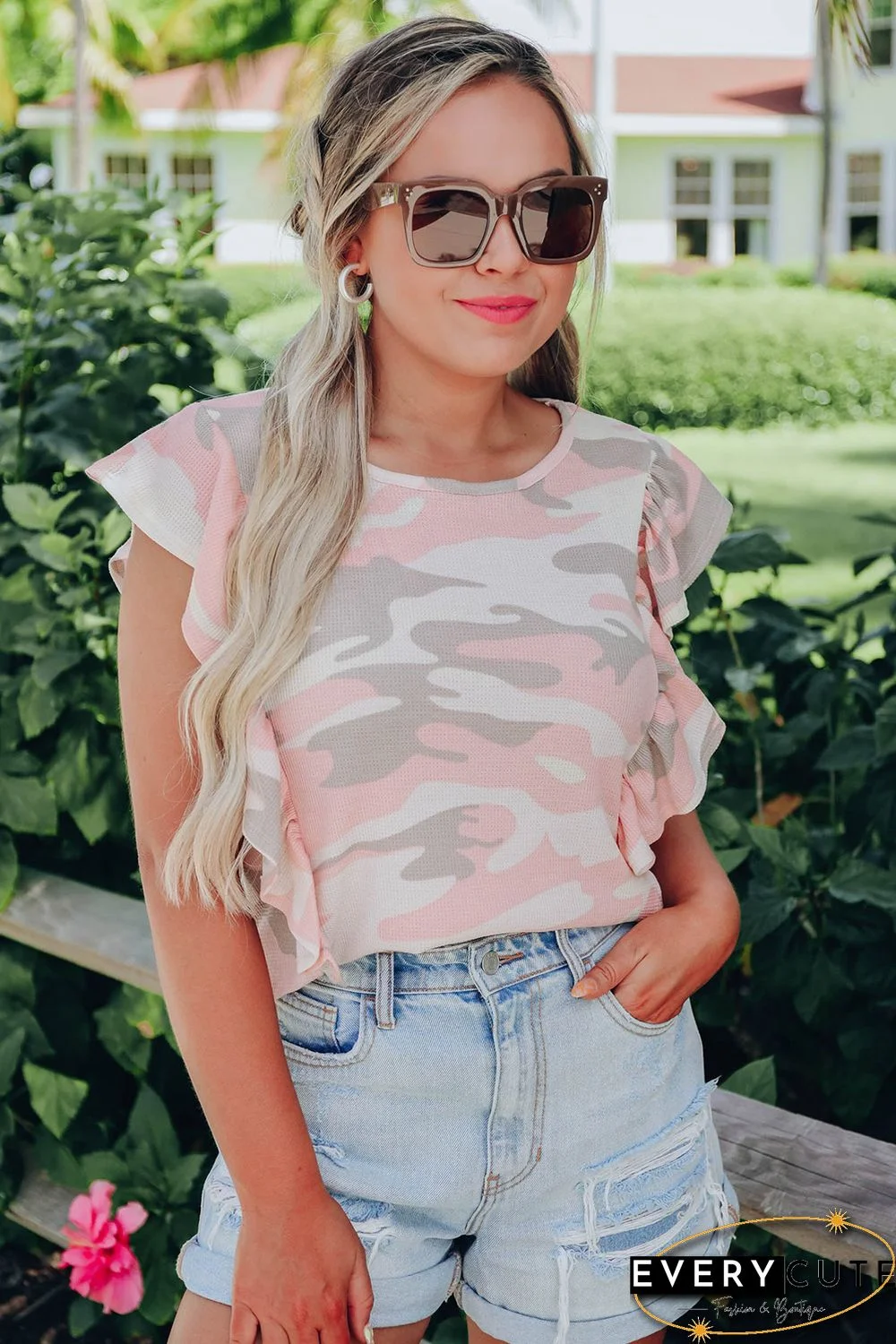 White Camo Print Ruffle Trim Tank Top