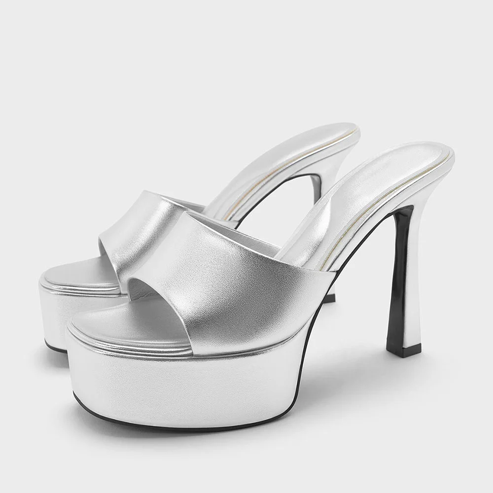 Women's Metallic Silver Square Toe Wide Strap High Heeled Mules