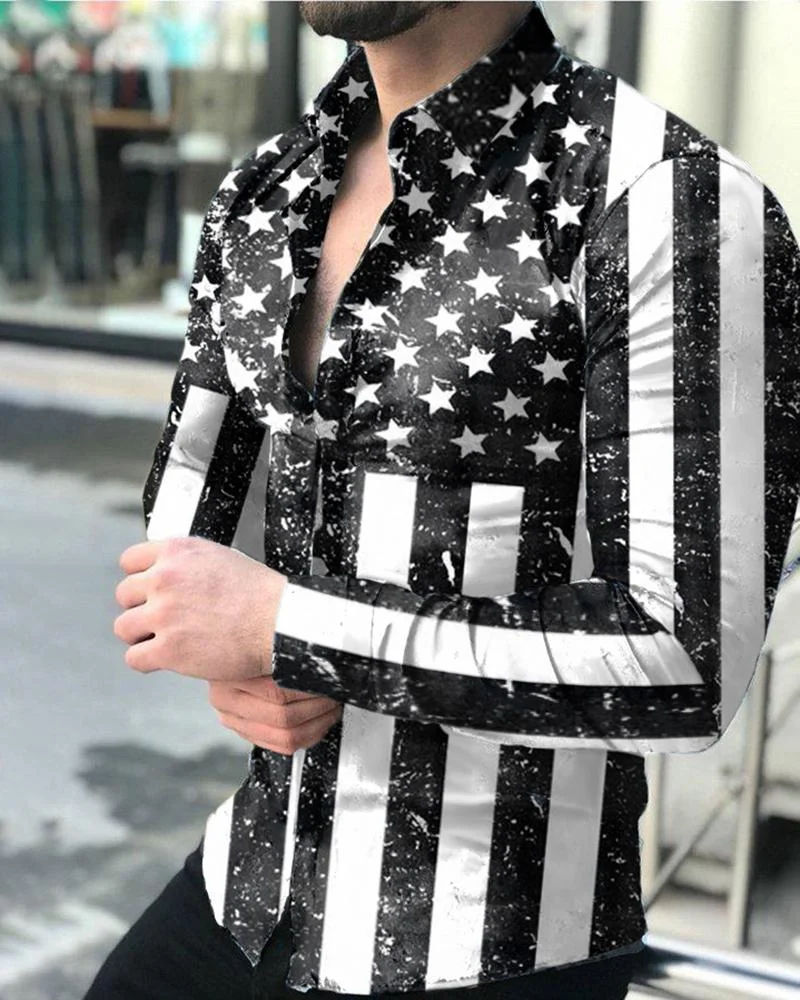 men's casual long-sleeved shirt with flag print