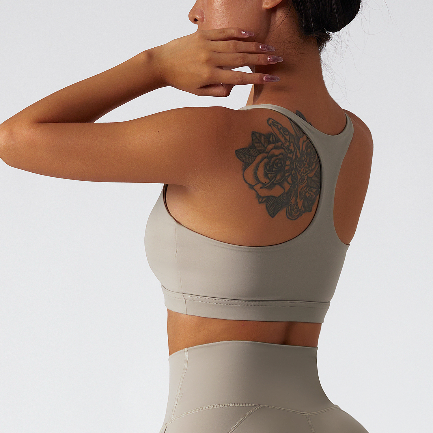 Shop Oat Milk sustainable recycled 4 way stretch ethically made naked feel high support racerback running sports bra with removable online on Hergymclothing