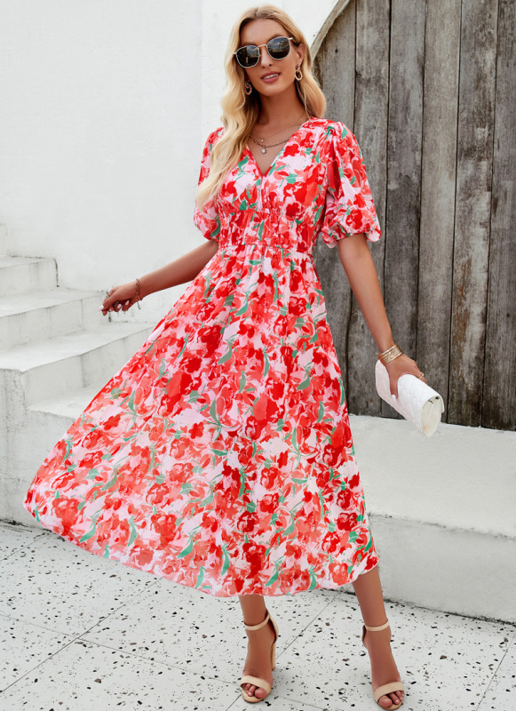 Mature Women Casual Summer Elegant Printed Waist V-neck Long Dress