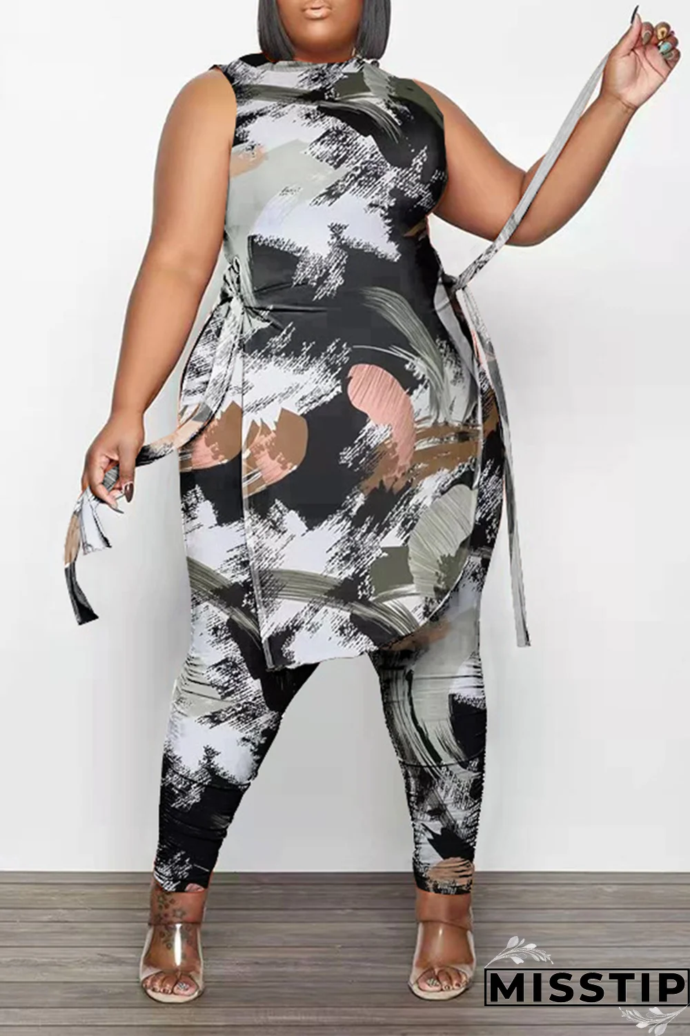 Black White Fashion Print Draw String O Neck Plus Size Two Pieces