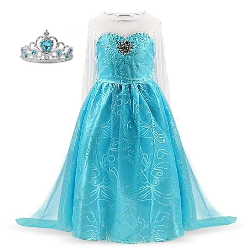 4-10T Girls Party Princess Dress Baby Girls Summer Elegant Long Sleeve Blue Dresses Birthday Party Fantasy Ball Dress