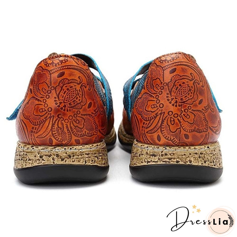 Womens Retro British Floral Leather Sandals Color Stitching Shackles Stripes 