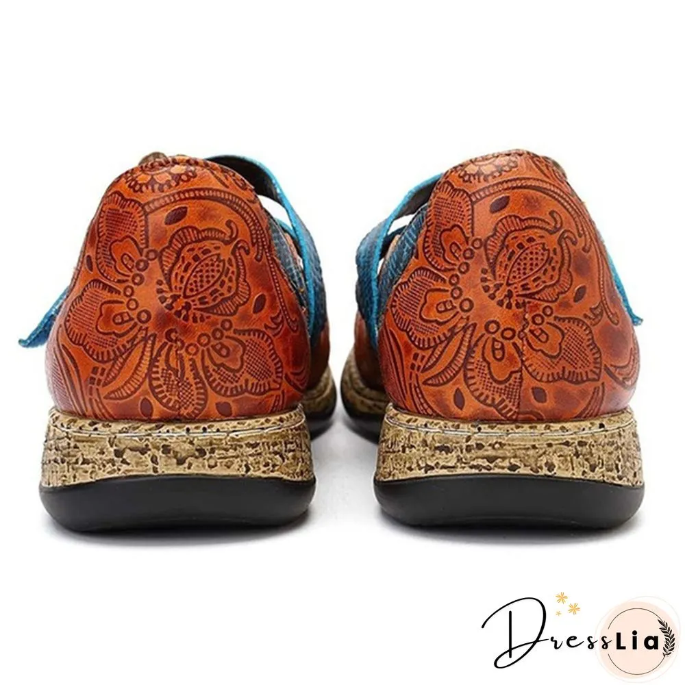 Womens Retro British Floral Leather Sandals Color Stitching Shackles Stripes 