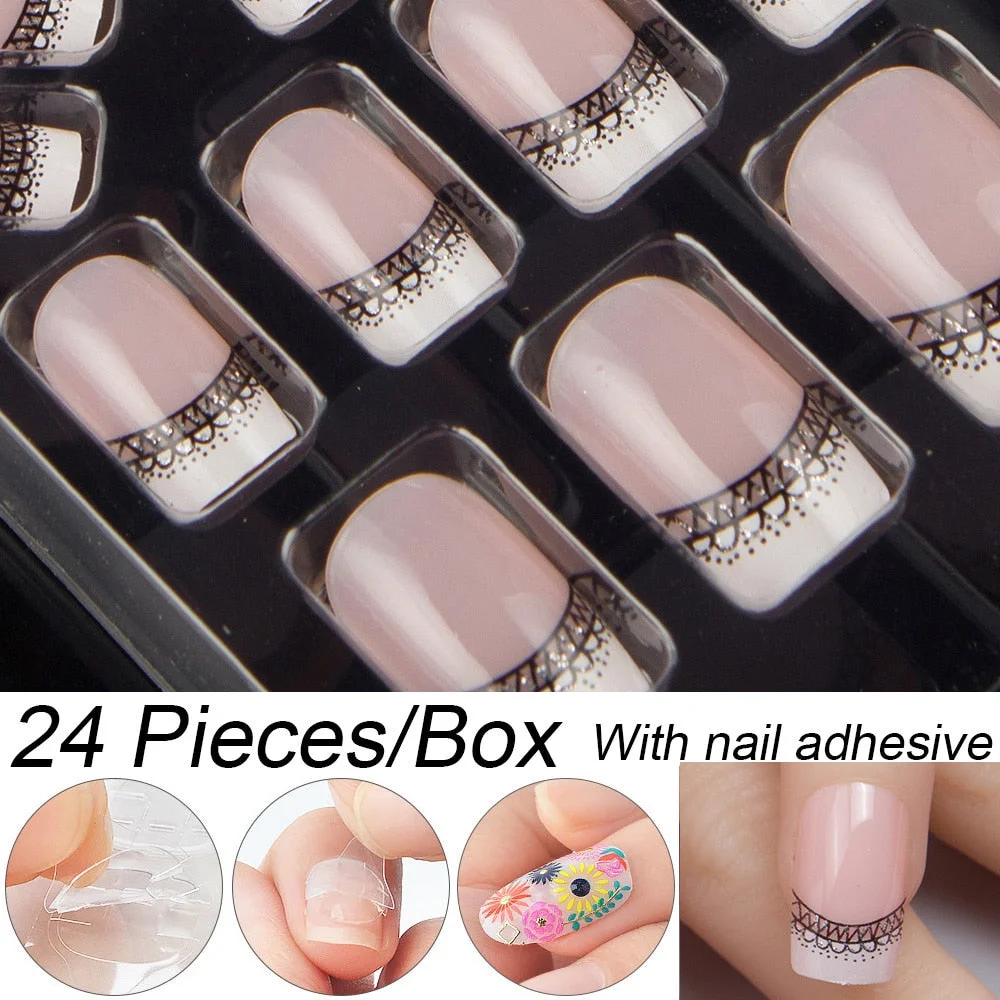 Fashion 24pc/set 10 Sizes Fake Nails Full Cover French False Nail Tips With Double-Sided Nail Adhesive Tab Press On Coffin Nail-Nail Inspo