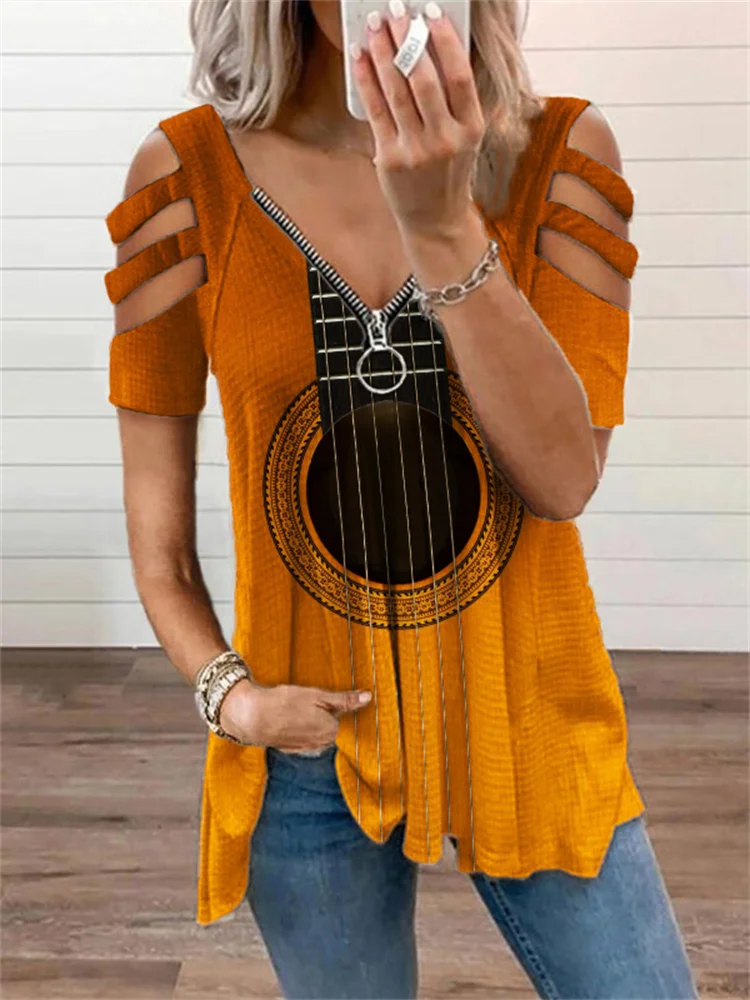 Music Lover Guitar Inspired Hollow Shoulder T Shirt
