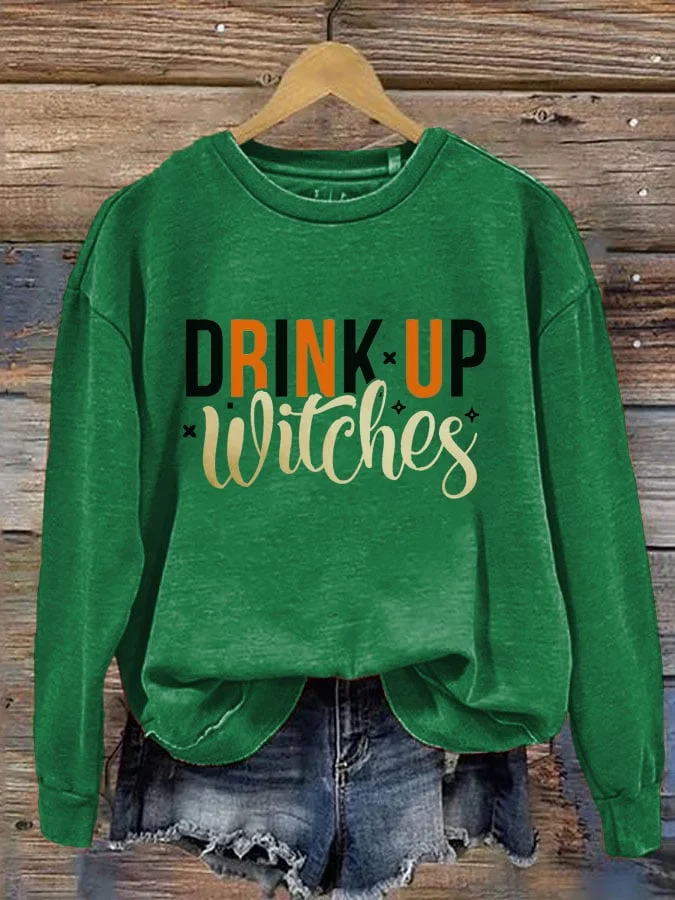 Women's Halloween Drink Up Witches Printed Round Neck Long Sleeve Sweatshirt socialshop