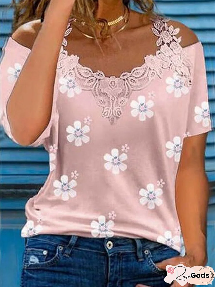 Floral Cotton Blends Lace V Neck Casual Shirts & Tops