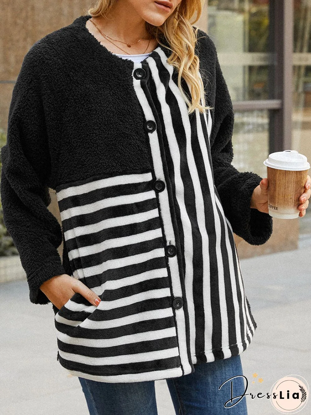 Striped Print Plush Contrast Color Fluffy Coat for Women