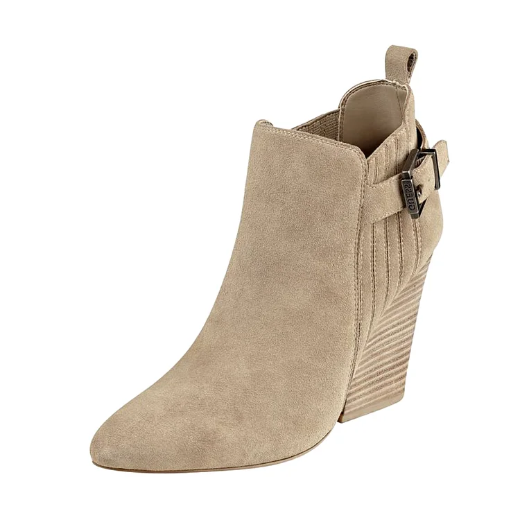 Khaki Closed Toe Wooden Chunky Heel Office Ankle Boots |FSJ Shoes