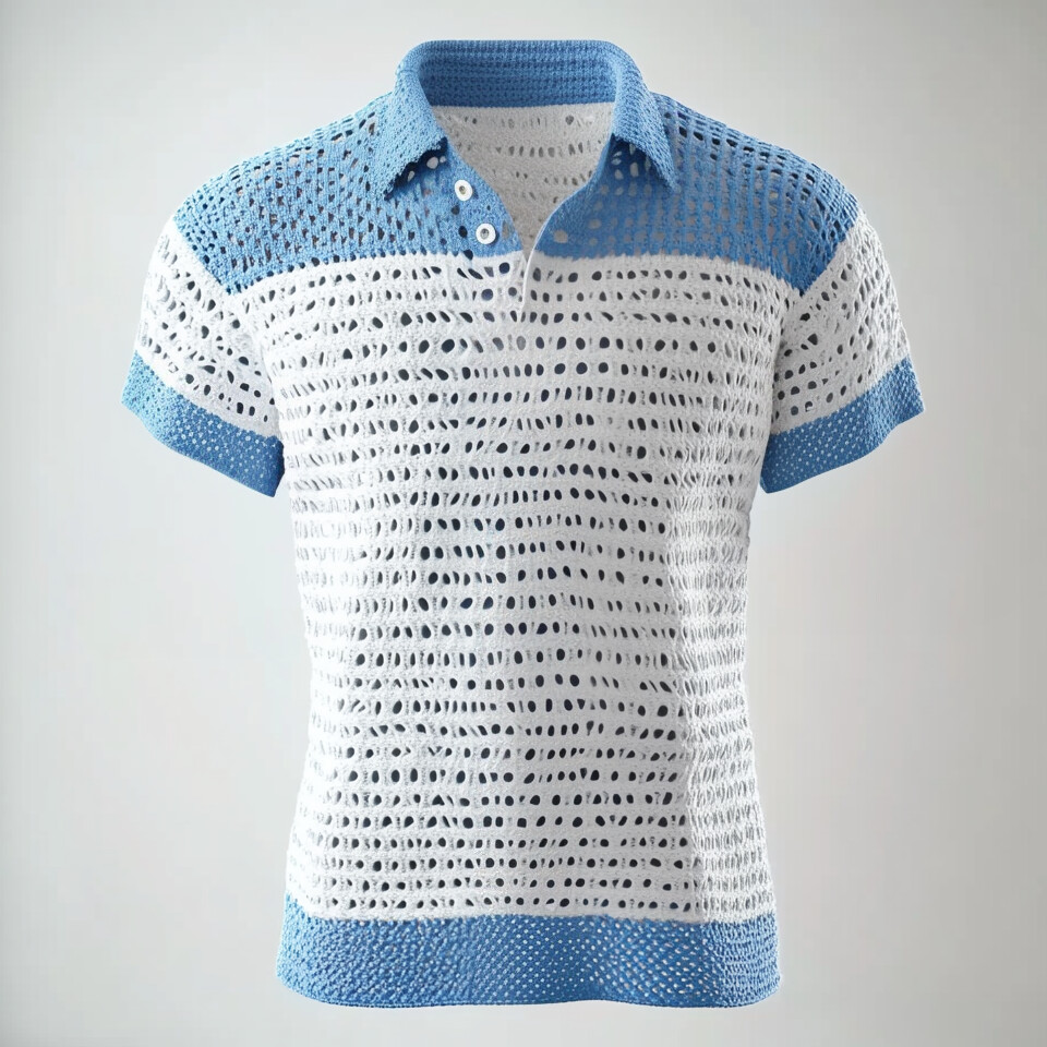 Men's Colorblock Half Button Short Sleeve Knitted Hollow Out Polo Shirt