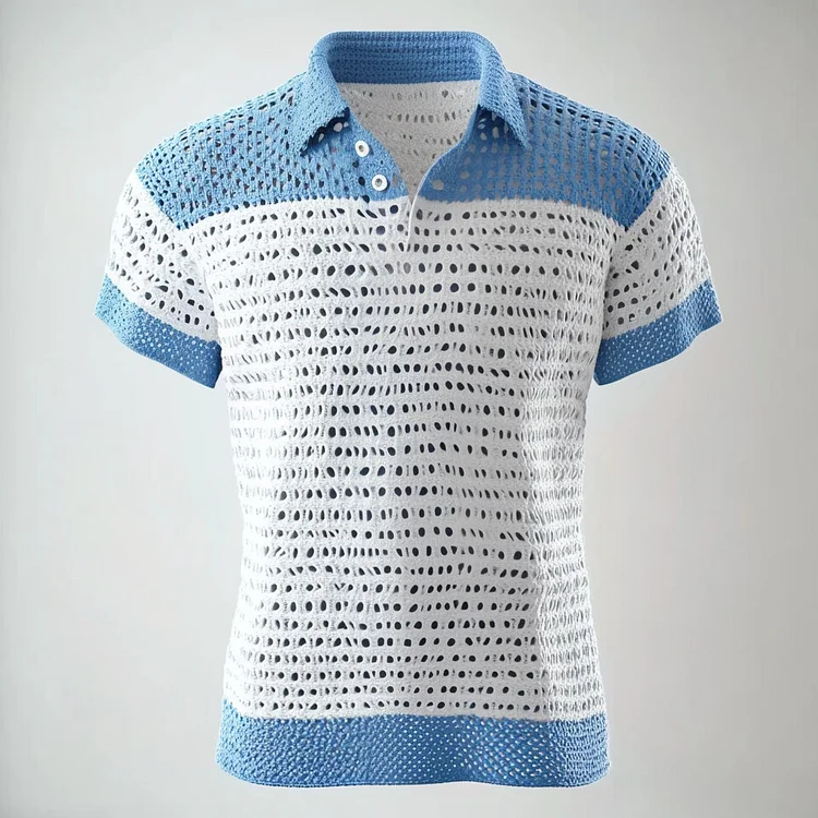 Men's Colorblock Half Button Short Sleeve Knitted Hollow Out Polo Shirt