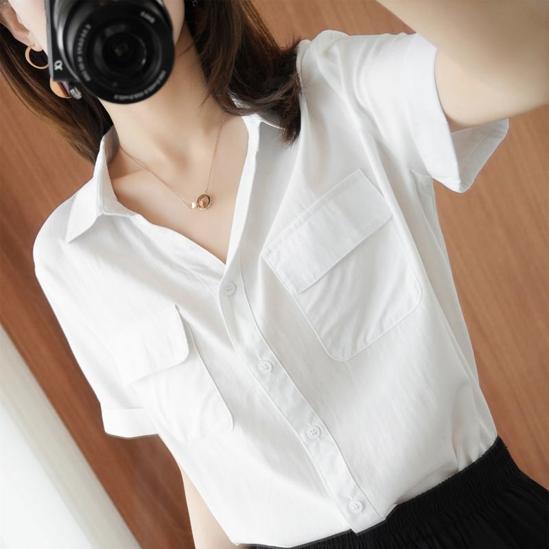 New High Quality Blouses Women 2021 Summer Fashion  Shirts White Tops With 2 Pockets Solid Short Sleeve Female Blusas Casual